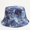 Detail of vintage 90s patchwork denim print bucket hat with textured cotton fabric - One Size (58cm) / Dark Blue Denim Print