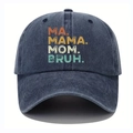 Close-up of vintage blue denim baseball cap with multicolor BRUH text embroidery - One Size / Navy Blue