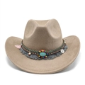 Chapeau de cowboy western en suédine camel avec bande bohème en turquoise et glands - M (56-59cm) / Kaki Foncé Faux Daim