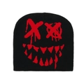 Streetwear knitted beanie in black featuring a red graffiti pumpkin face pattern - M (56-58cm) / Black Red
