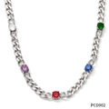 Silver cuban link necklace featuring five vibrant multi-color cubic zirconia stones - Silver Necklace + Colorful Zirconia (PCD902)