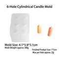 6-hole cylinder silicone candle mold showing dimensions and small wax finished products - 6-Hole Cylindrical