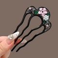 U-shaped hair pin with black body, pink flower and pearls in Chinese vintage style - Gunmetal Black Floral Hair Stick