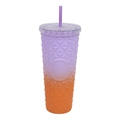 Plastic studded tumbler with straw featuring a purple and orange gradient diamond texture - Gradient Purple Orange