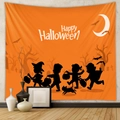 Detail of Halloween tapestry featuring orange moonlight, bats, and silhouettes on a wall - Orange Halloween Silhouette (GT230285)
