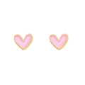 Detailed close-up of pink heart stud earrings with 18K gold beaded edge and enamel finish - Pink