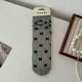Grey mid-calf socks featuring black bow patterns and elegant ribbed cuffs for women - Gray with Bowknot