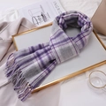 Elegant purple and grey checked wool scarf with soft tassels on a gold tray set - 180cm / Gradient Purple Plaid