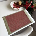 Red and green woven holiday placemat with fringes, ideal for Christmas table decor - Red Green with Green Fringe