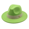 Detail of wool felt fedora in bright green featuring a plaid band and golden metal M badge - Fruit Green