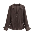 Koffiebruine geplooide semi-transparante damesblouse met lange mouwen en strik - XS / koffiekleur