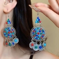 Orecchini etnici bohémien in argento con perline colorate e nappe a moneta - Blu e Rosso (22# Gancio per l'orecchio-Argento)