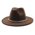 Detail of a dark brown wool fedora hat featuring a chunky gold metal chain embellishment - M (56-58cm) / Dark Coffee