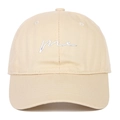 Close-up of light beige baseball cap with me script embroidery and twill cotton texture - Adjustable / Beige