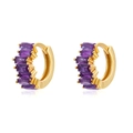 Detailed view of gold hoop earrings with rectangular purple zircon gemstones in prong setting - Purple (Gold Plated)