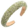 Luxe padded headband with green rhinestones and white pearls on ivory velvet base - Green