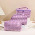 Three-piece checkered plush cosmetic bag set in purple and pink for travel storage - Purple & Blue 3-Piece Set