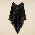 Poncho in maglia da donna con scollo a V, motivi a rombi colorati e nappe sul bordo - Argyle Nero