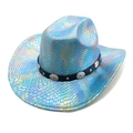 Detail of colorful snakeskin texture and silver rivets on a wide-brim cowboy hat - M(56-58cm) / Lake Blue