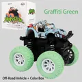 Friction powered 1:36 monster truck toy in blue graffiti style with green wheels - Cyan Graffiti (Boxed)