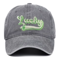 Grey washed distressed cotton baseball cap with Lucky clover embroidery for St. Patrick's Day - Adjustable / Gray