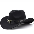 Classic black wool felt Western cowboy hat with bull head emblem and leather band - M (56-58cm) Adjustable / Black