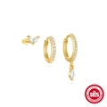 Klassieke S925 sterling zilveren evil eye en bliksemschicht goud oorbellen set met zirkoon - Set Van 3-Goud #2 (Dubbel Blad & Pavé Creolen)