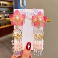 Pink cherry blossom tassel hair clips with pearls and golden finish for girls - 565 Large Pink Flower Pair Clips