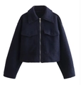 Women's short navy blue woolen jacket featuring a collar, zipper closure and large front pockets - XS / Navy Blue