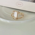 Elegant gold double-layered open ring with mother of pearl and pave cubic zirconia - Adjustable Open / Double Layer White Mother of Pearl Style (J3341)