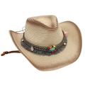 Detail of woven straw cowboy hat featuring bohemian beads, turquoise stone and grey tassels - Beige Brown (Ethnic Style)