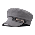 Detailed view of grey military cap featuring a leather strap and heart-shaped crystal horsebit - One Size / Gray