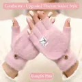 Thick pink knitted convertible gloves for winter with buttoned mitten cap for outdoor use - Pink Label Style