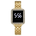 Elegant gold metal LED watch for women with rhinestone square dial and white light display - Gold