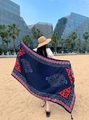 Ethnic style long beach shawl in navy blue with colorful floral prints and tassels - Dark Blue Red & Pink Floral Tassel Style / Slate Gray / 180cm