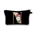 Black polyester dumpling makeup bag with golden letter N and floral print detail - Letter N