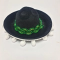 Mini black felt Mexican sombrero headband with green gold trim and white pom-poms - Black Felt-White Pompoms-Green Trim