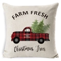Linen Christmas pillowcase with vintage red truck and Christmas tree farm design - A-1