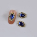 Three-piece nail art charms set with dark blue teardrop zircon and gold rhinestone border - Gold Base Deep Blue Waterdrop