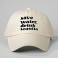 Close-up of save water drink tequila embroidery on beige cotton baseball cap - Beige