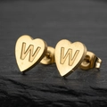 Golden heart-shaped stainless steel stud earring with engraved letter W brushed finish - Letter W / Gold