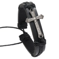 Mens vintage black braided leather bracelet with adjustable cross pendant and Spanish prayer - 01-Black Leather Prayer Cross Style