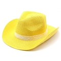 Close-up of bright yellow woven straw cowboy hat featuring an elegant white lace hatband - M (56-58cm) / Yellow