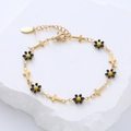 18k gold plated stainless steel bracelet with colorful floral charms and gold crosses - Black Flower