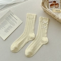 Calze a costine beige con fiocchi di raso bianco in stile balletcore dolce per donna - Taglia unica / Giallo