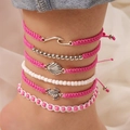Set de tobilleras bohemias rosas con colgantes de tortuga y conchas para la playa - Tobillera / Rosa
