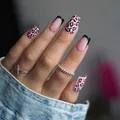Pink leopard print press-on nails with black French tips for a stylish manicure look - No Accessories Style / X-0193 Pink Leopard French
