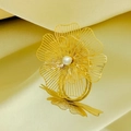 Golden layered flower ring with intricate filigree texture and a central white pearl inlay - Adjustable Open / 3D Filigree Hollow Pearl Flower Style (KR113269-SP)
