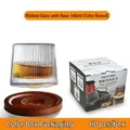 Vertical textured 160ml whiskey tumbler with rotating walnut wood base and gift box - Striped Texture / With Color Box + Wood Base