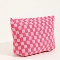 Pink checkered knit cosmetic bag with a zipper closure for soft storage organization - Pink Plaid